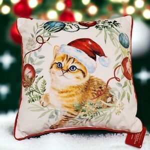 Vintage NWT Microsuede Throw Pillow Christmas Cat Wearing Santa Hat 18x18